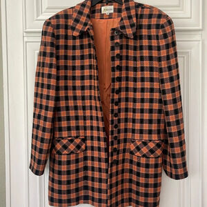Vintage BARAMI 100% WOOL COAT BLAZER SZ 12 FULLY LINED BLACK ORANGE HOUNDSTOOTH